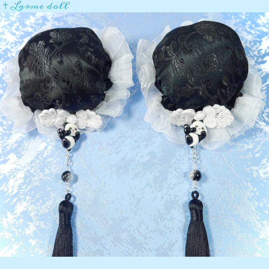 【受注生産】《☥》パンダチャイナお団子カバー(チャイナ生地タイプ)(レース白)本体カバーカラー▷黒