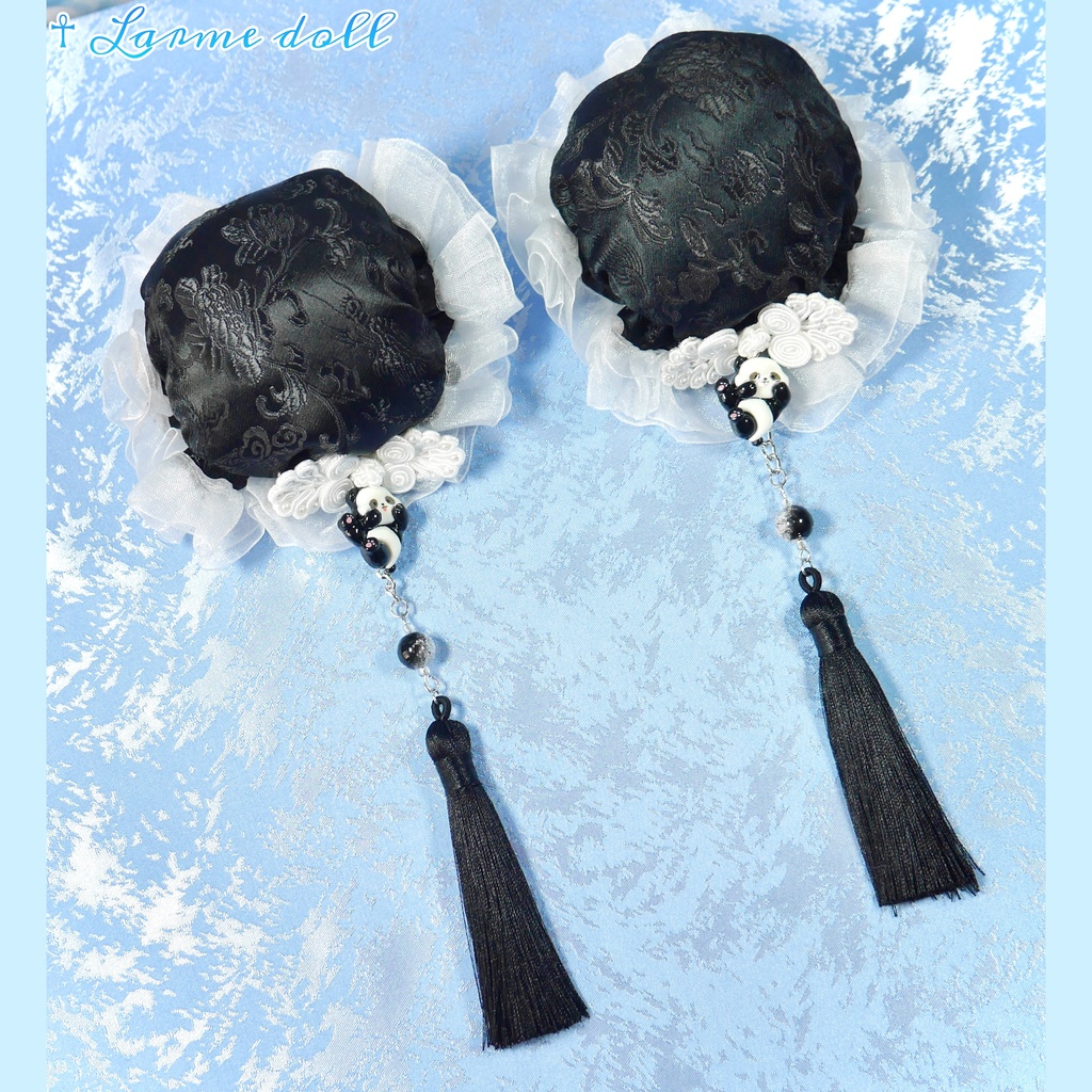 【受注生産】《☥》パンダチャイナお団子カバー(チャイナ生地タイプ)(レース白)本体カバーカラー▷黒