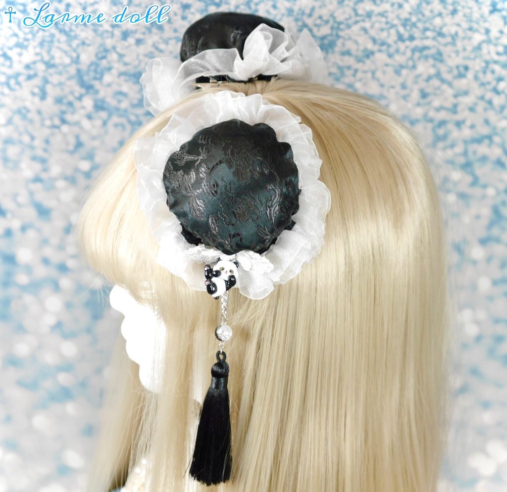 【受注生産】《☥》パンダチャイナお団子カバー(チャイナ生地タイプ)(レース白)本体カバーカラー▷黒