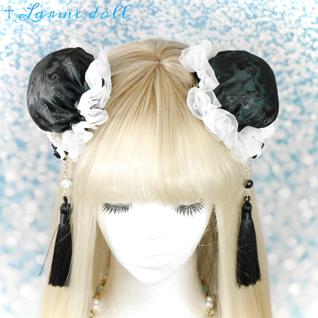 【受注生産】《☥》パンダチャイナお団子カバー(チャイナ生地タイプ)(レース白)本体カバーカラー▷黒