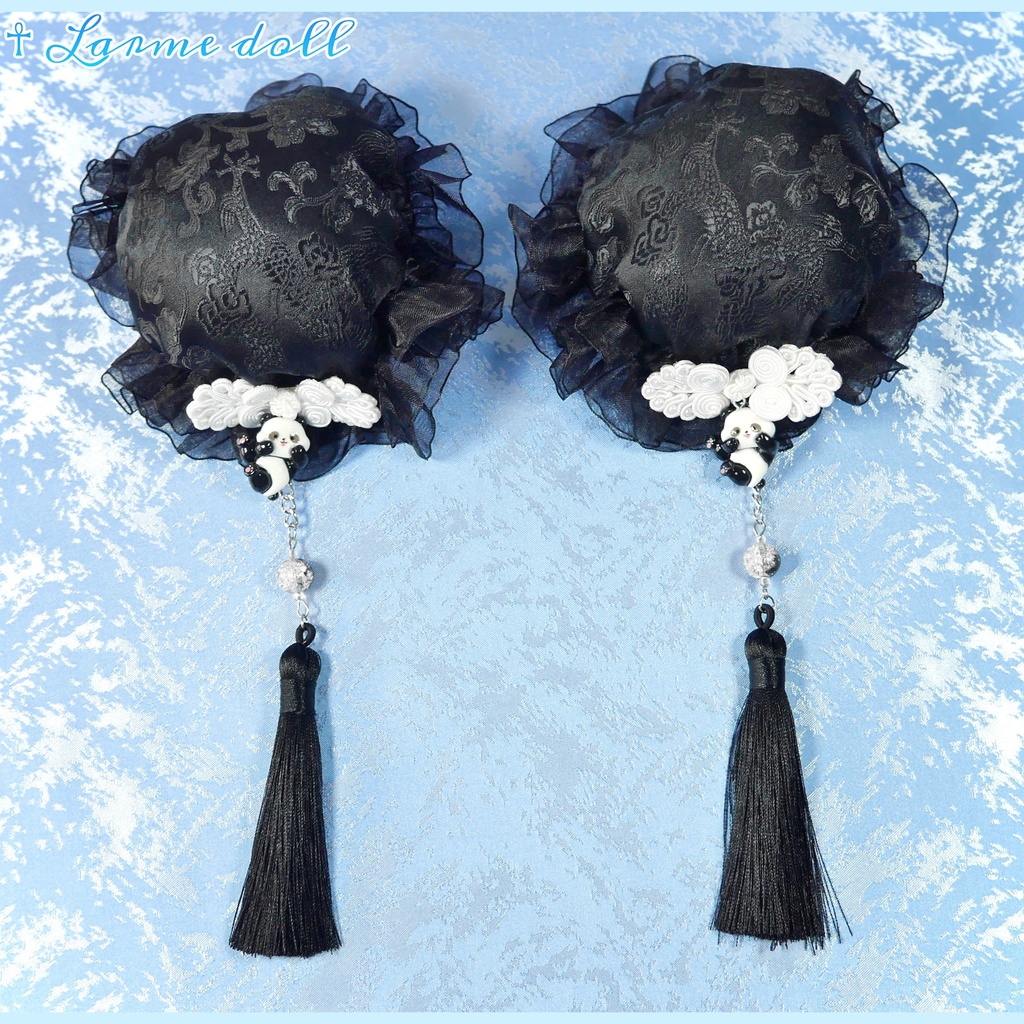 【受注生産】《☥》パンダチャイナお団子カバー(チャイナ生地タイプ)(レース黒)本体カバーカラー▷黒