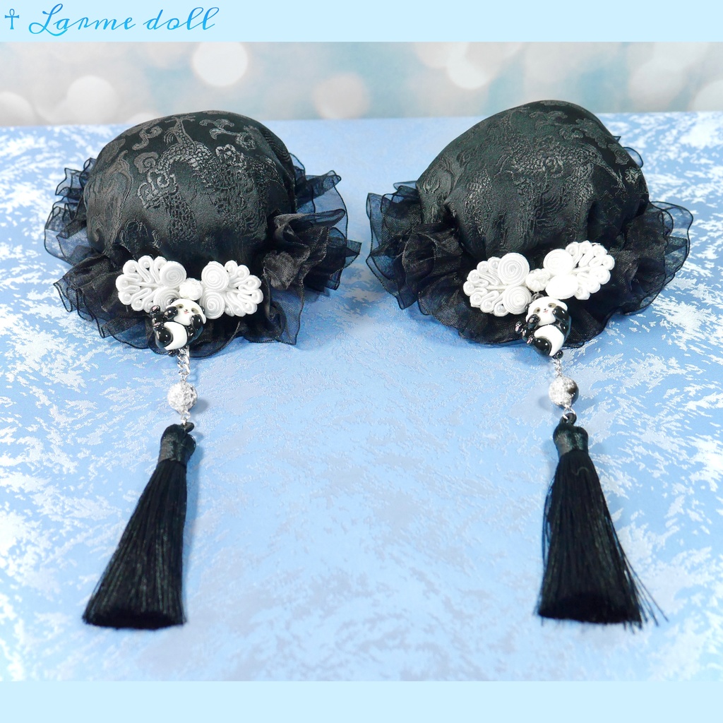 【受注生産】《☥》パンダチャイナお団子カバー(チャイナ生地タイプ)(レース黒)本体カバーカラー▷黒