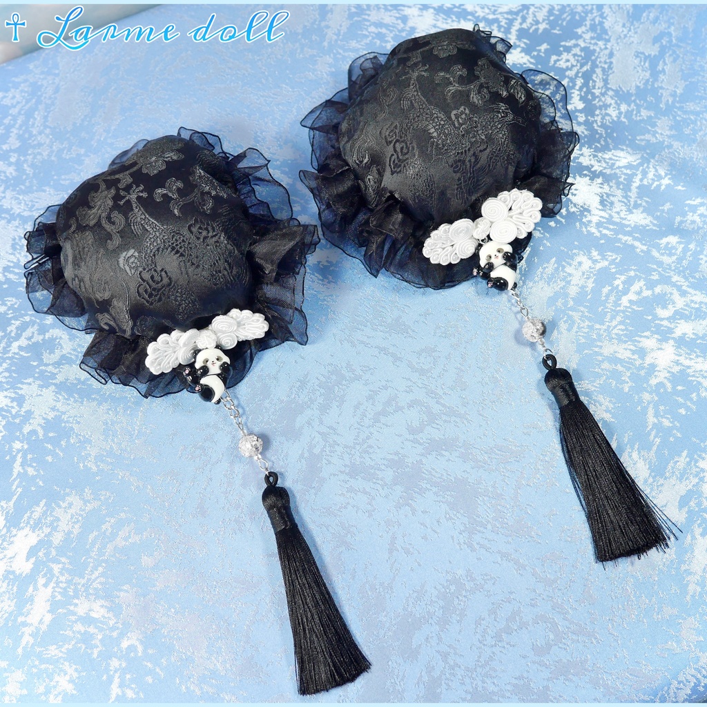 【受注生産】《☥》パンダチャイナお団子カバー(チャイナ生地タイプ)(レース黒)本体カバーカラー▷黒