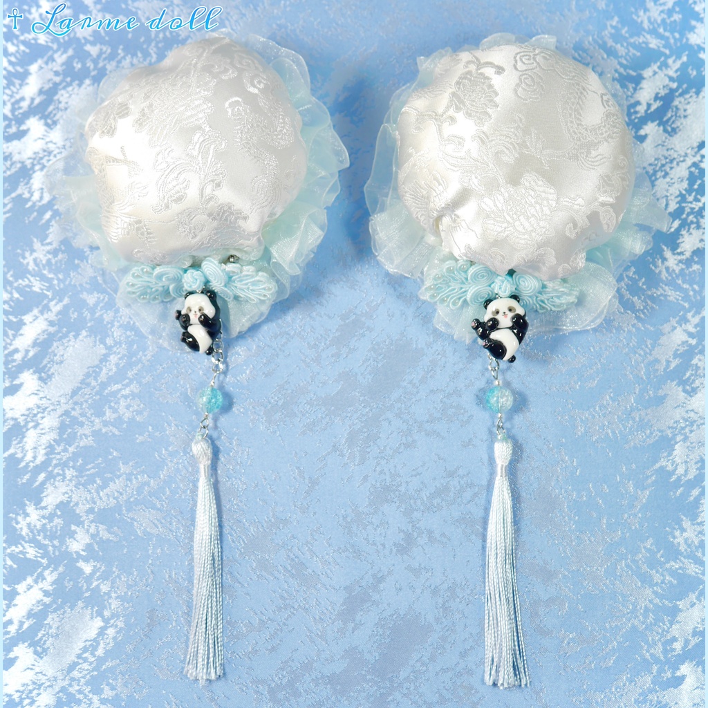 【受注生産】《☥》パンダチャイナお団子カバー(チャイナ生地タイプ)(レース水色)本体カバーカラー▷白