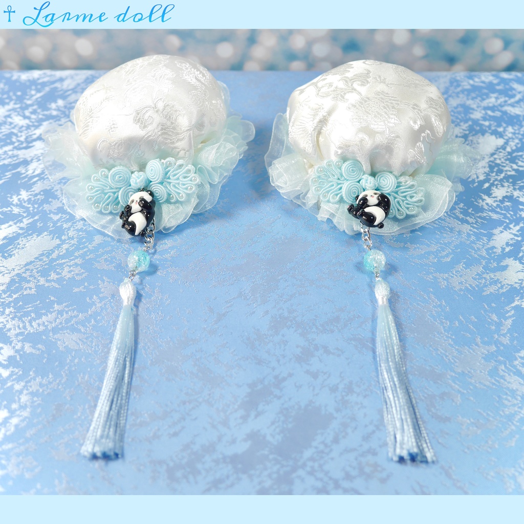【受注生産】《☥》パンダチャイナお団子カバー(チャイナ生地タイプ)(レース水色)本体カバーカラー▷白