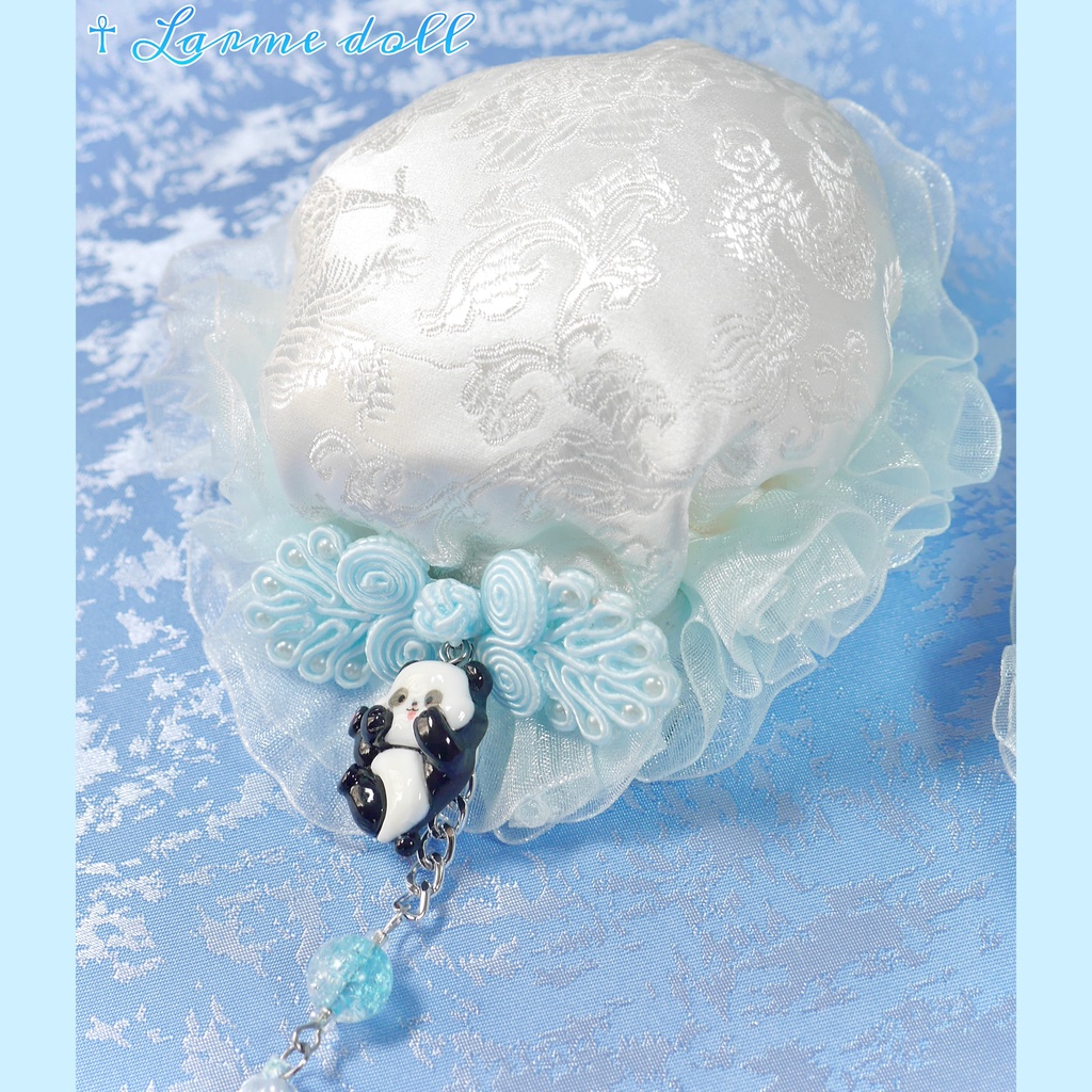 【受注生産】《☥》パンダチャイナお団子カバー(チャイナ生地タイプ)(レース水色)本体カバーカラー▷白