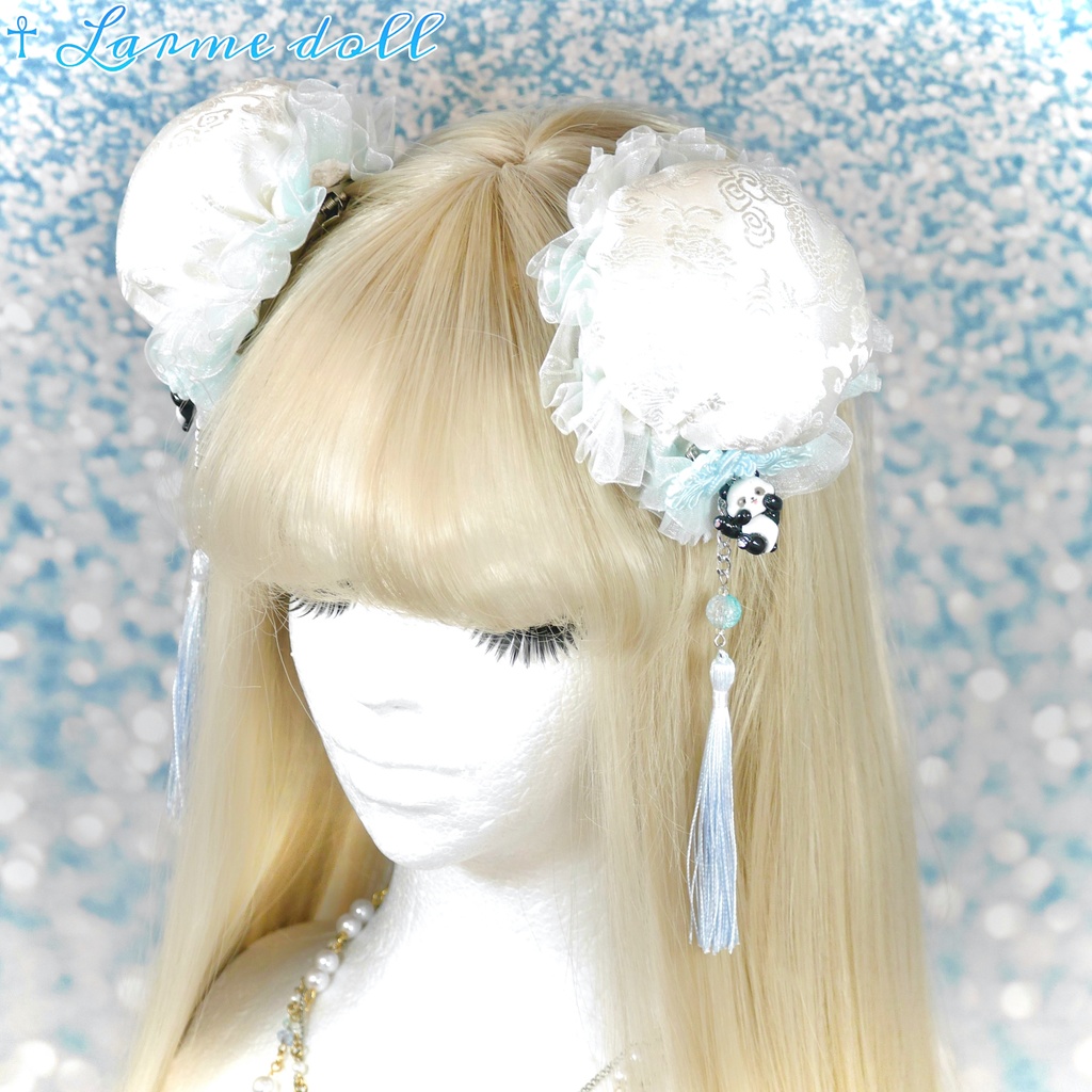 【受注生産】《☥》パンダチャイナお団子カバー(チャイナ生地タイプ)(レース水色)本体カバーカラー▷白
