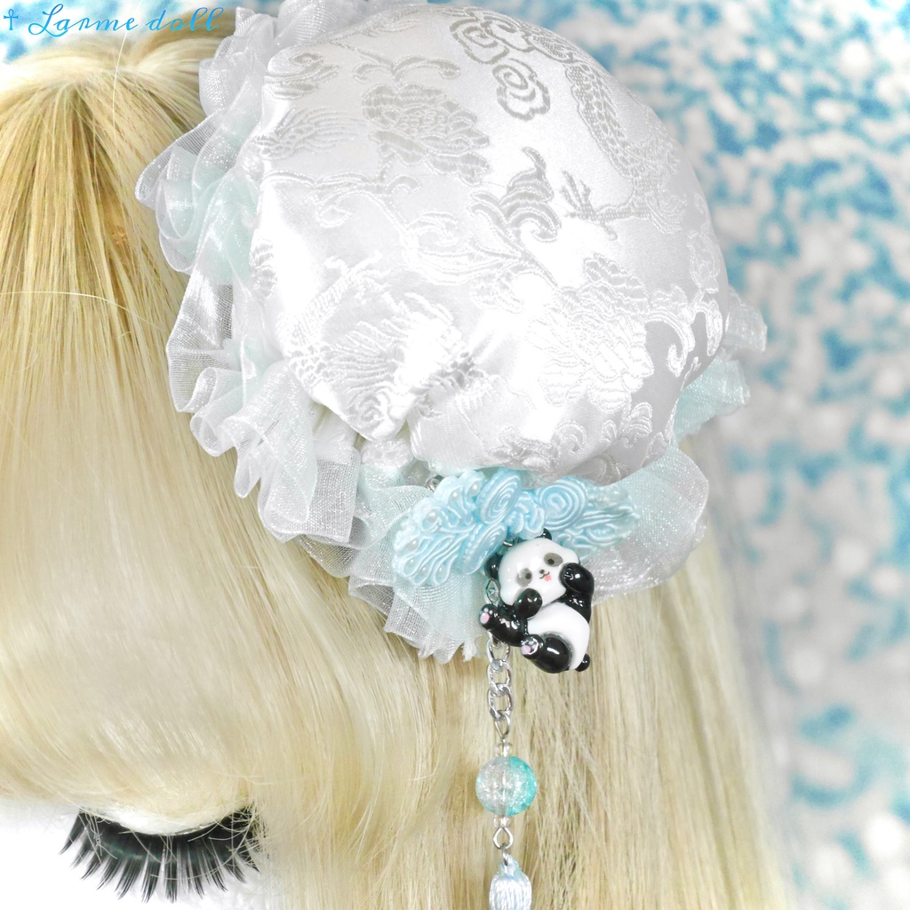 【受注生産】《☥》パンダチャイナお団子カバー(チャイナ生地タイプ)(レース水色)本体カバーカラー▷白
