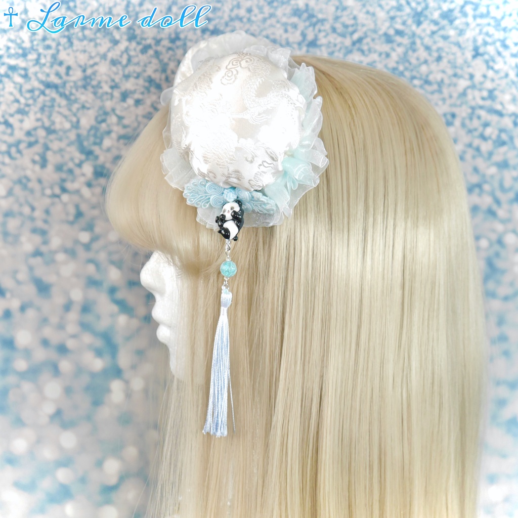 【受注生産】《☥》パンダチャイナお団子カバー(チャイナ生地タイプ)(レース水色)本体カバーカラー▷白