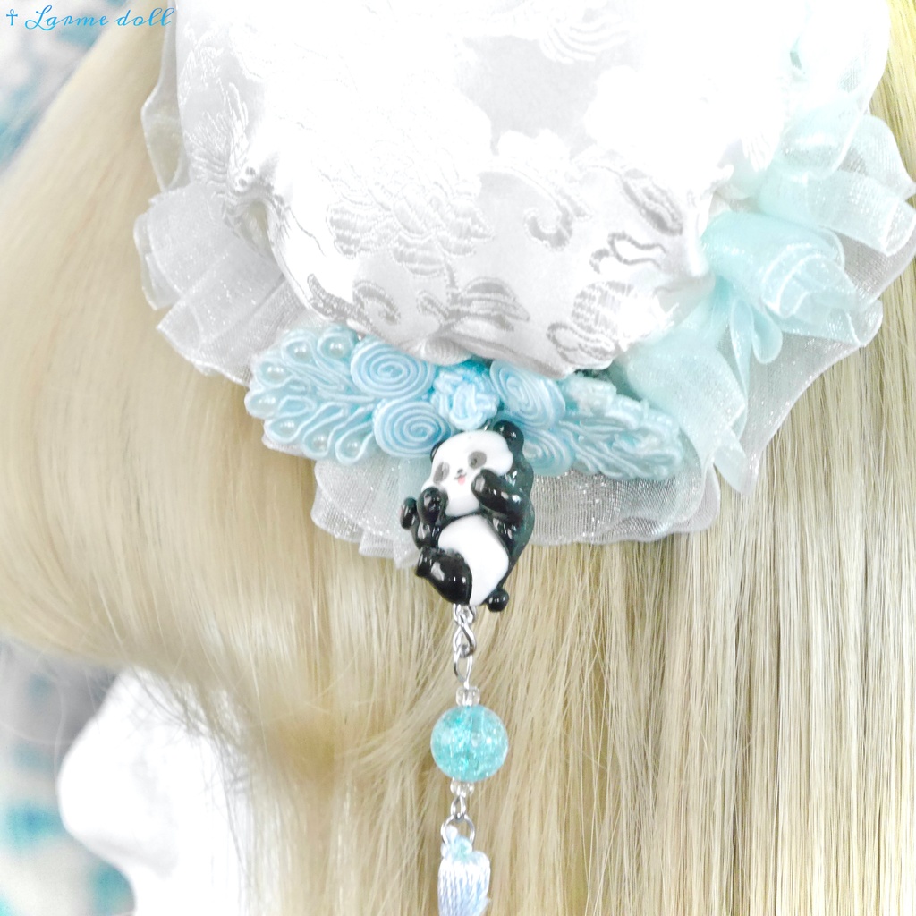 【受注生産】《☥》パンダチャイナお団子カバー(チャイナ生地タイプ)(レース水色)本体カバーカラー▷白