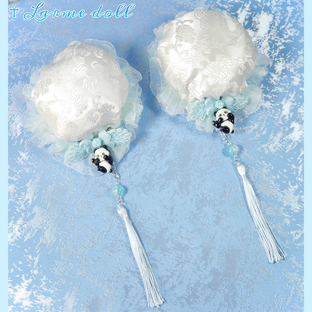 【受注生産】《☥》パンダチャイナお団子カバー(チャイナ生地タイプ)(レース水色)本体カバーカラー▷白