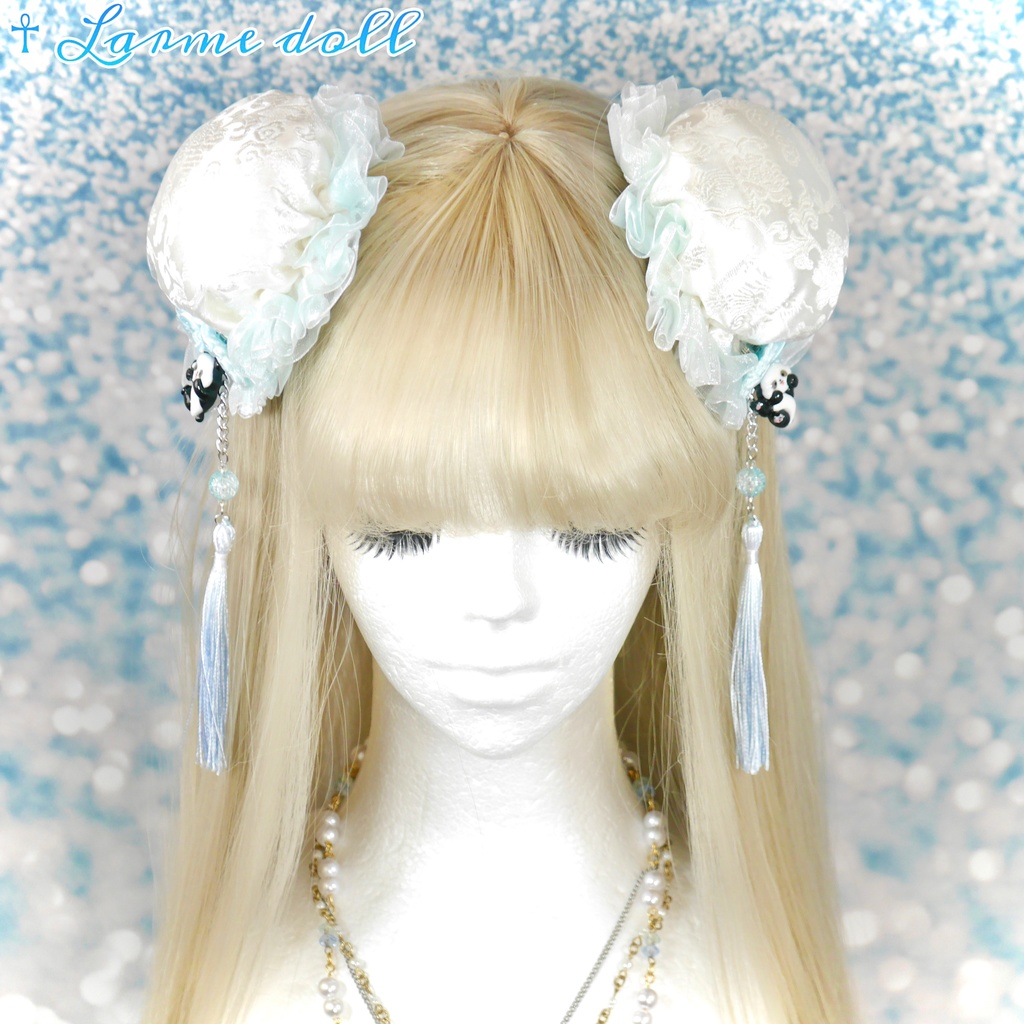 【受注生産】《☥》パンダチャイナお団子カバー(チャイナ生地タイプ)(レース水色)本体カバーカラー▷白