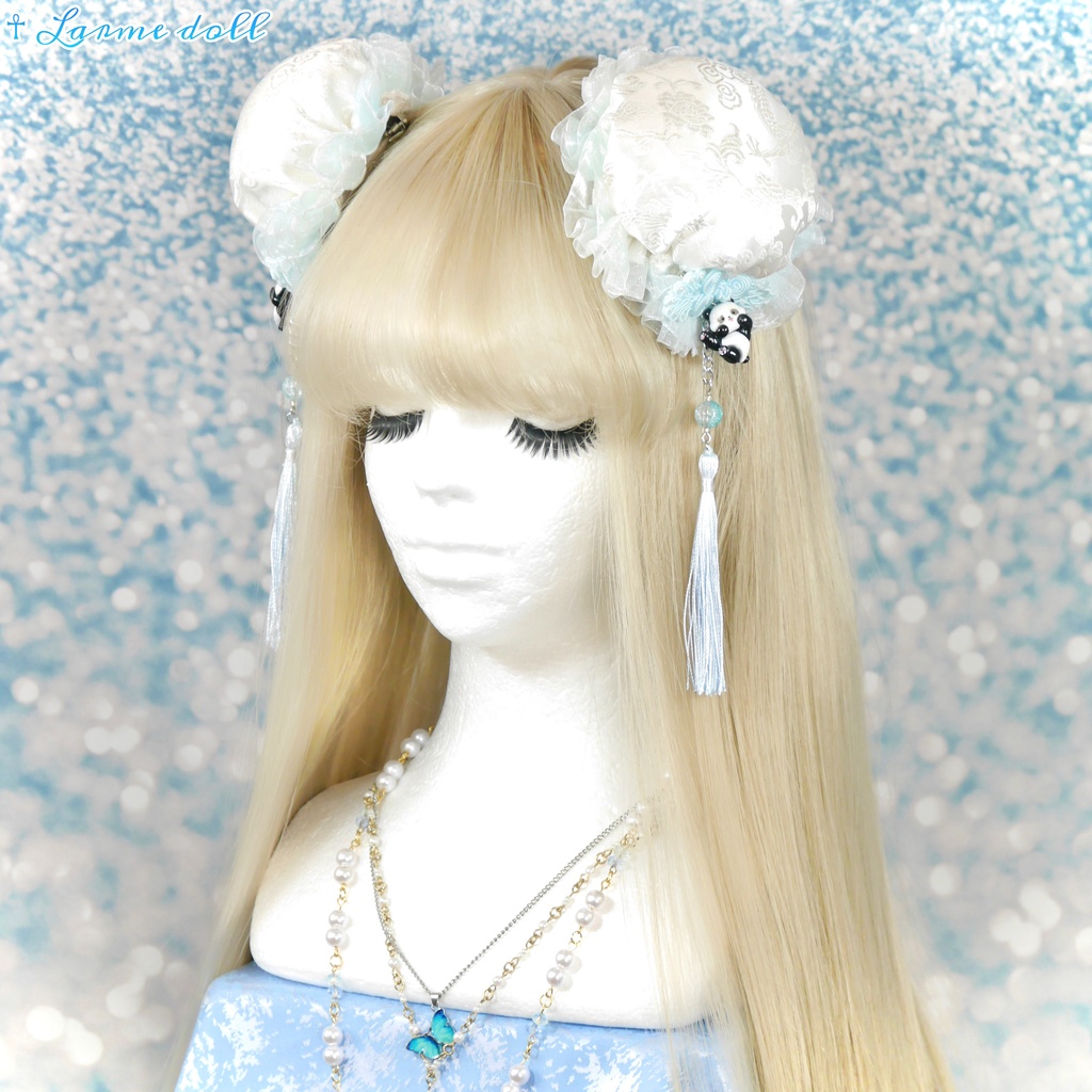 【受注生産】《☥》パンダチャイナお団子カバー(チャイナ生地タイプ)(レース水色)本体カバーカラー▷白