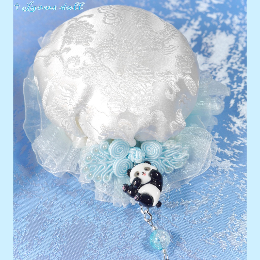 【受注生産】《☥》パンダチャイナお団子カバー(チャイナ生地タイプ)(レース水色)本体カバーカラー▷白