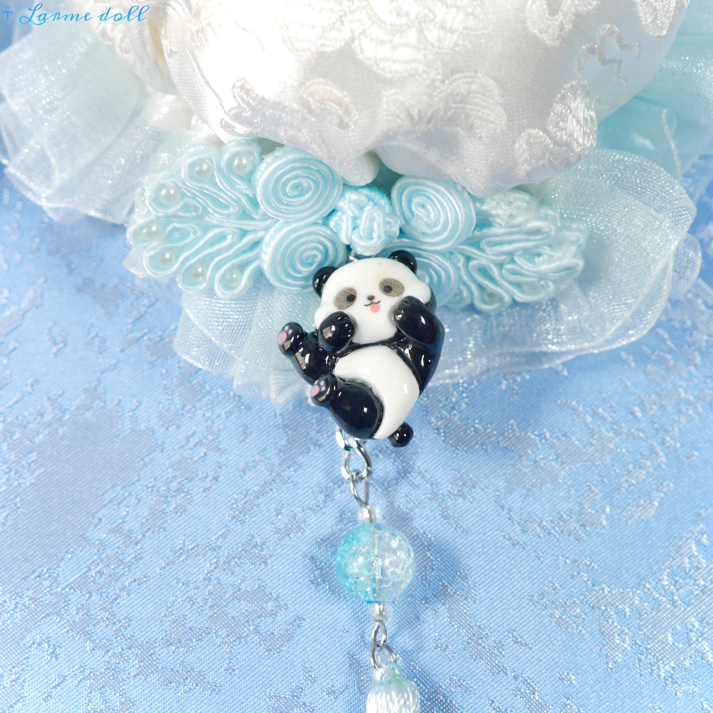 【受注生産】《☥》パンダチャイナお団子カバー(チャイナ生地タイプ)(レース水色)本体カバーカラー▷白