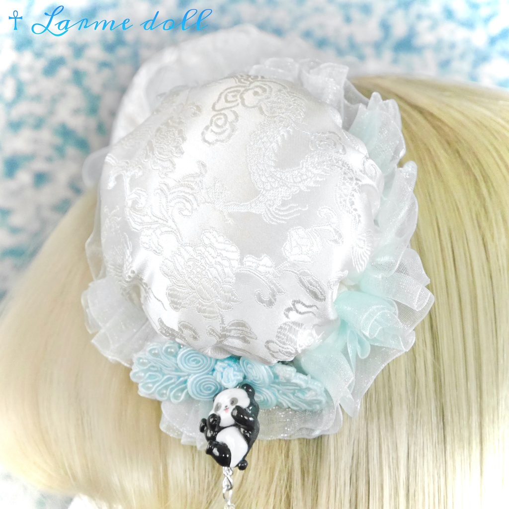 【受注生産】《☥》パンダチャイナお団子カバー(チャイナ生地タイプ)(レース水色)本体カバーカラー▷白