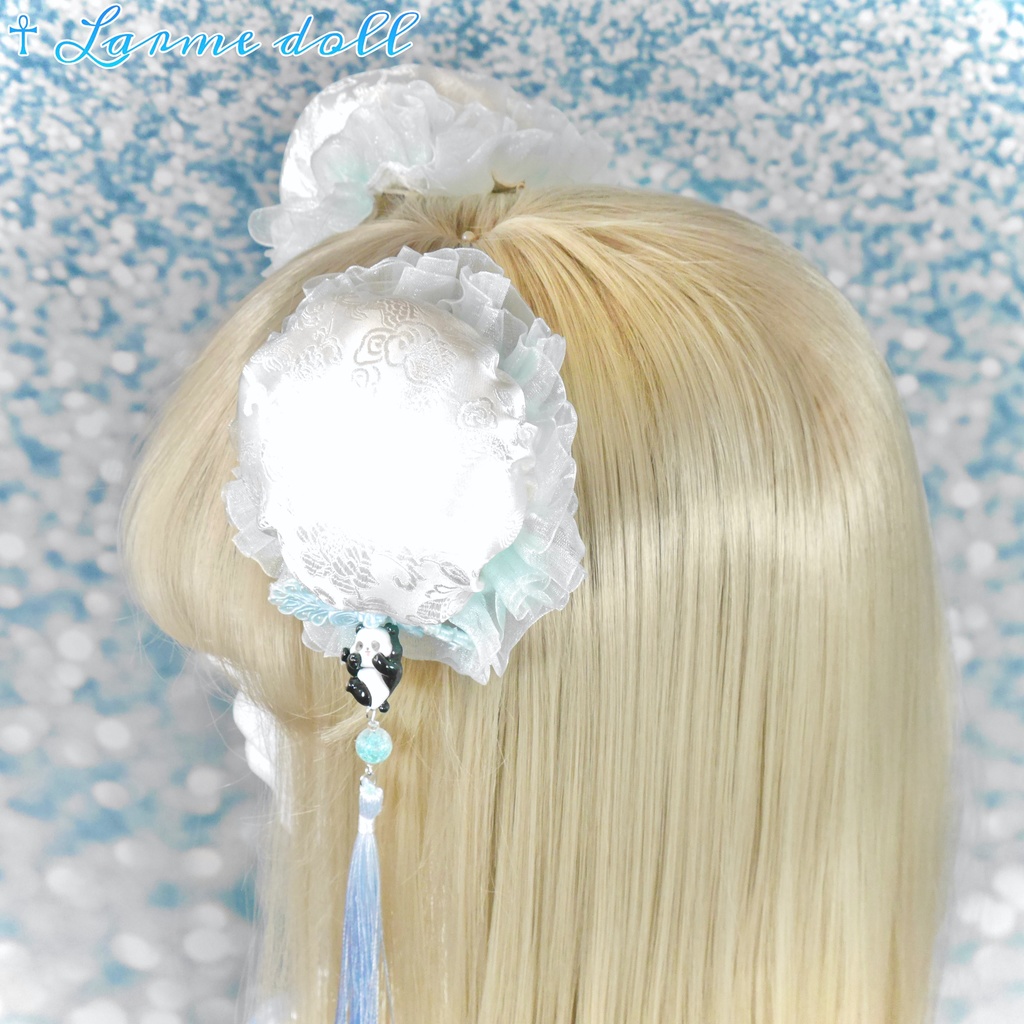 【受注生産】《☥》パンダチャイナお団子カバー(チャイナ生地タイプ)(レース水色)本体カバーカラー▷白