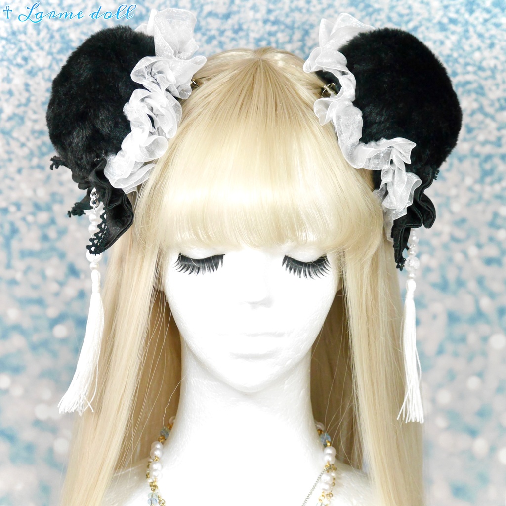 【完成品/一点物/⚠️ヘアクリップ錆び有り】《☥》パンダチャイナお団子カバー (カラー▷黒×白)