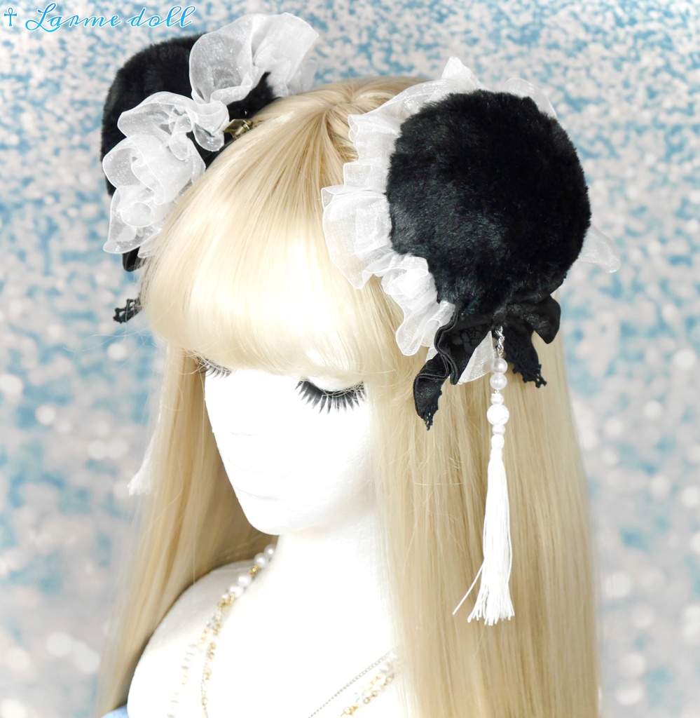 【完成品/一点物/⚠️ヘアクリップ錆び有り】《☥》パンダチャイナお団子カバー (カラー▷黒×白)