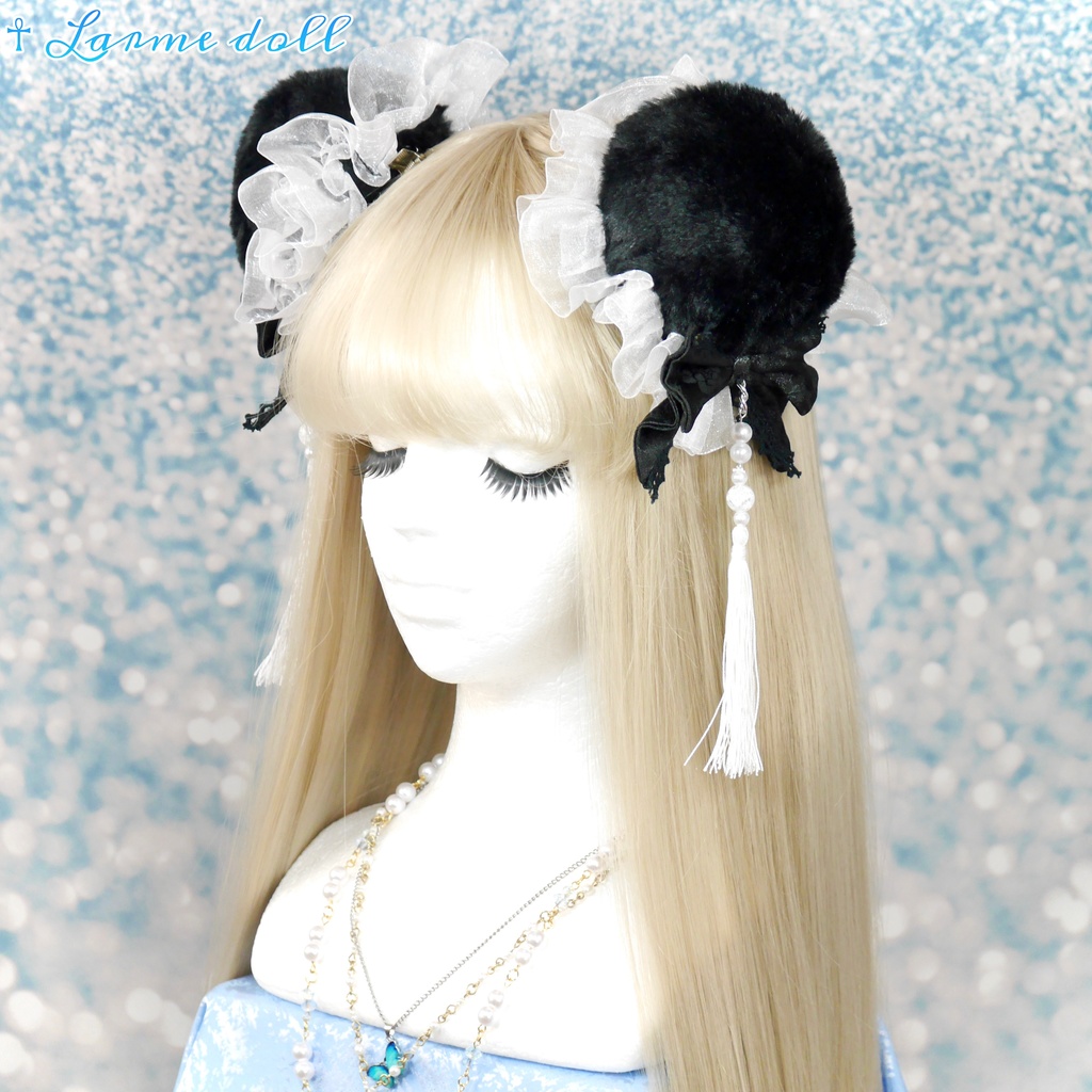 【完成品/一点物/⚠️ヘアクリップ錆び有り】《☥》パンダチャイナお団子カバー (カラー▷黒×白)