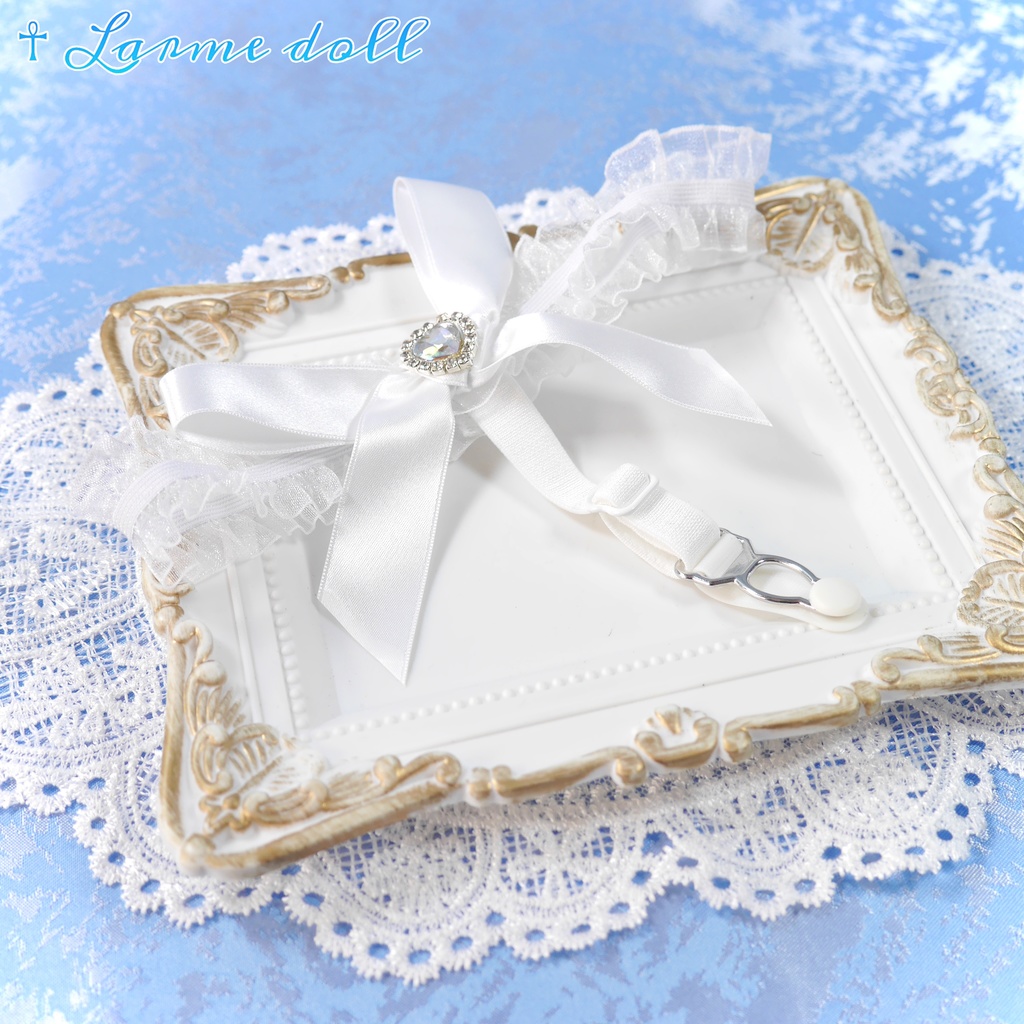 【完成品】【一点物】《☥》オーガンジーレースガーターリング(リボンノーマル)(ハートビジュー付き)