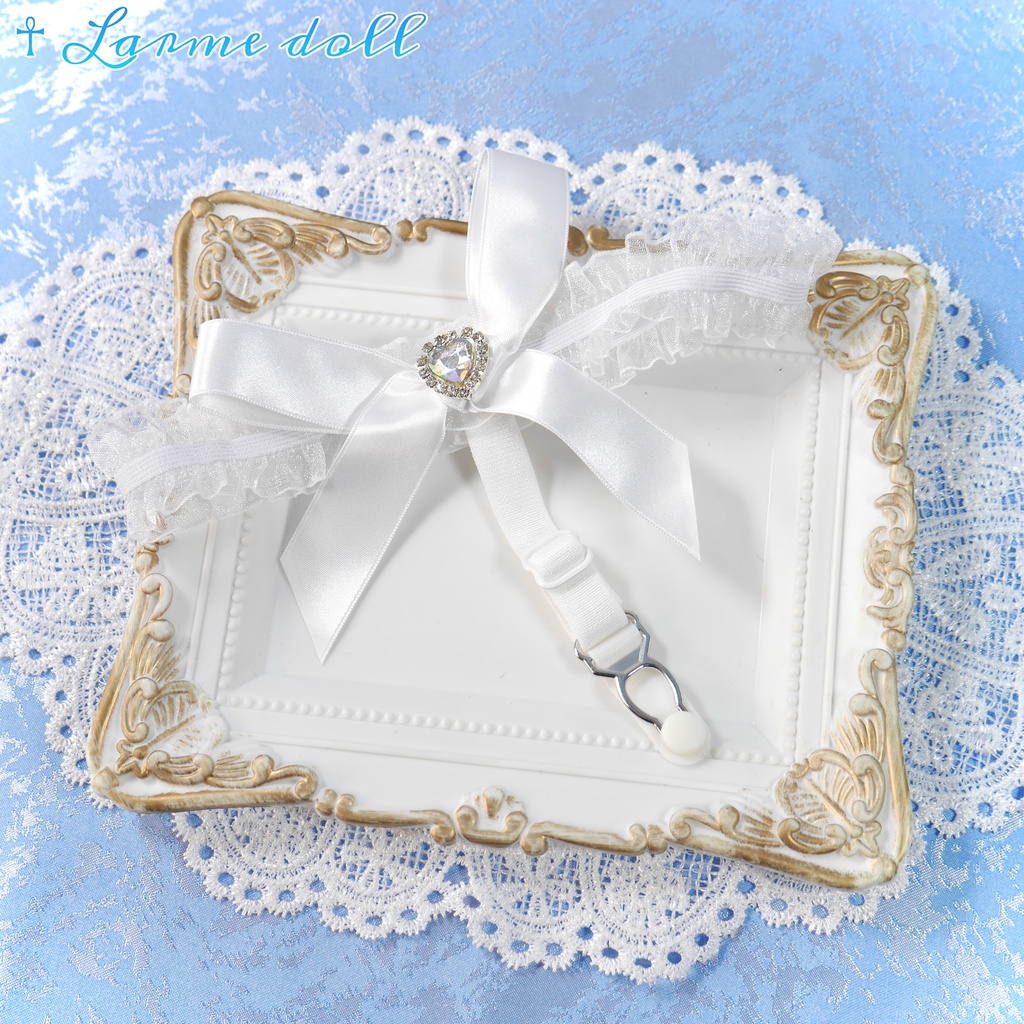 【完成品】【一点物】《☥》オーガンジーレースガーターリング(リボンノーマル)(ハートビジュー付き)