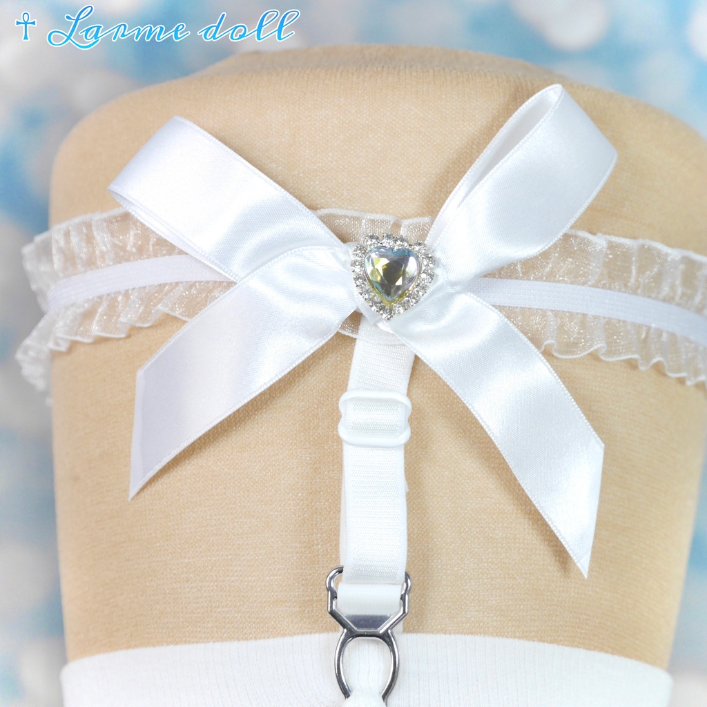 【完成品】【一点物】《☥》オーガンジーレースガーターリング(リボンノーマル)(ハートビジュー付き)