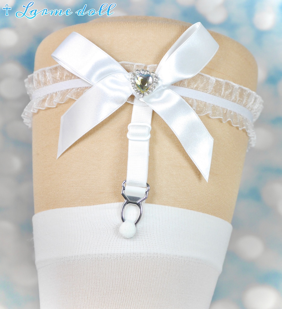 【完成品】【一点物】《☥》オーガンジーレースガーターリング(リボンノーマル)(ハートビジュー付き)