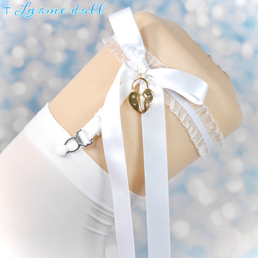 【完成品】【一点物】《☥》オーガンジーレースガーターリング(リボンロング)(ハート型南京錠チャーム付き)