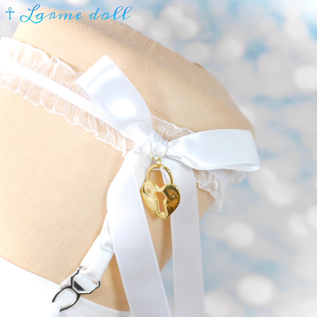 【完成品】【一点物】《☥》オーガンジーレースガーターリング(リボンロング)(ハート型南京錠チャーム付き)