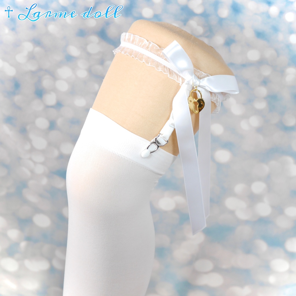 【完成品】【一点物】《☥》オーガンジーレースガーターリング(リボンロング)(ハート型南京錠チャーム付き)