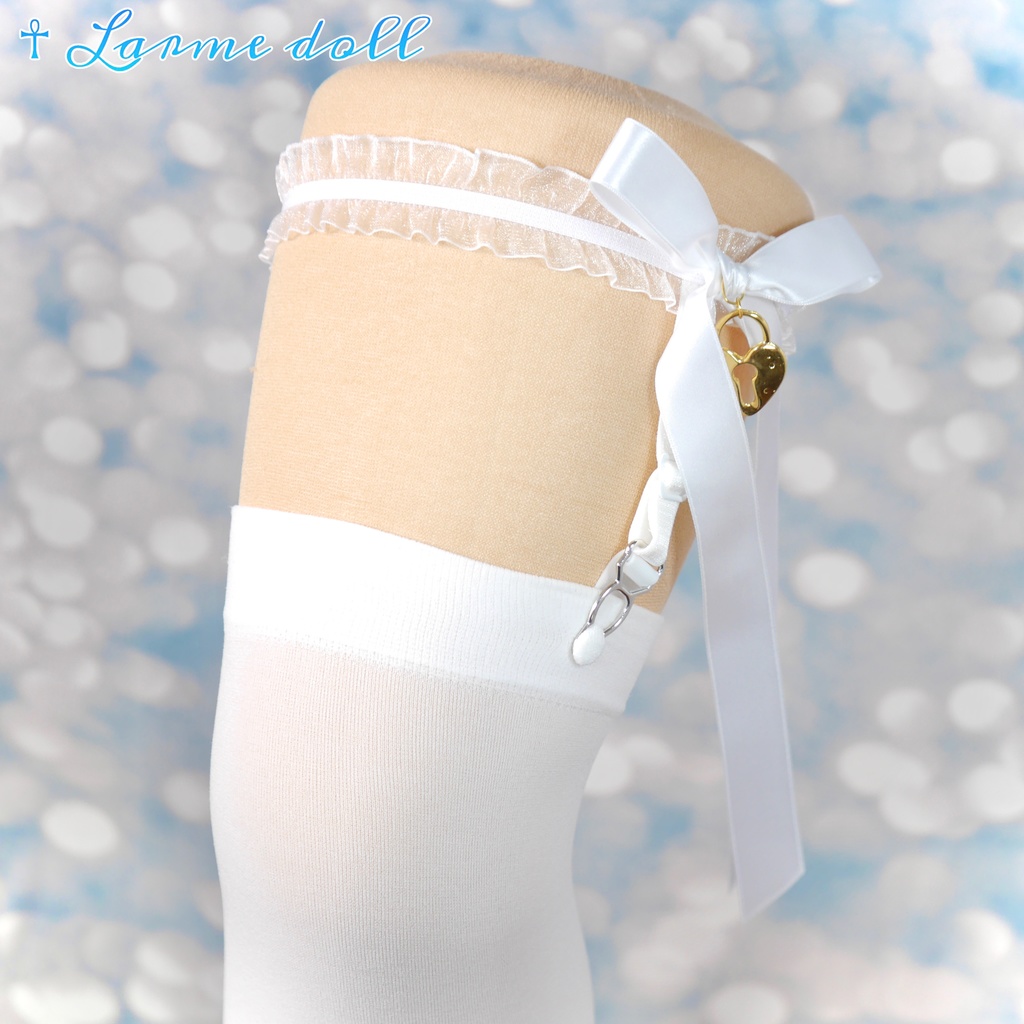 【完成品】【一点物】《☥》オーガンジーレースガーターリング(リボンロング)(ハート型南京錠チャーム付き)