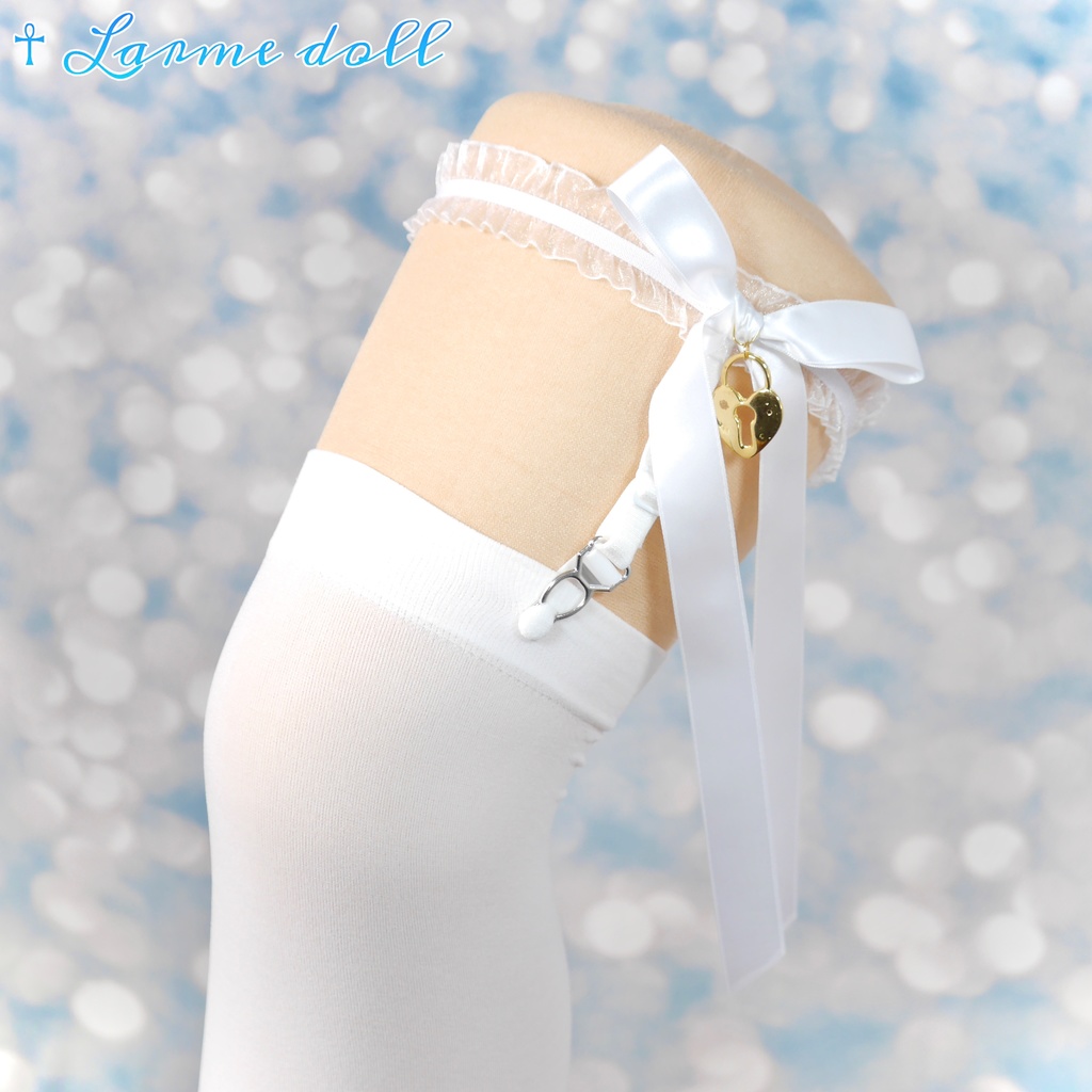 【完成品】【一点物】《☥》オーガンジーレースガーターリング(リボンロング)(ハート型南京錠チャーム付き)