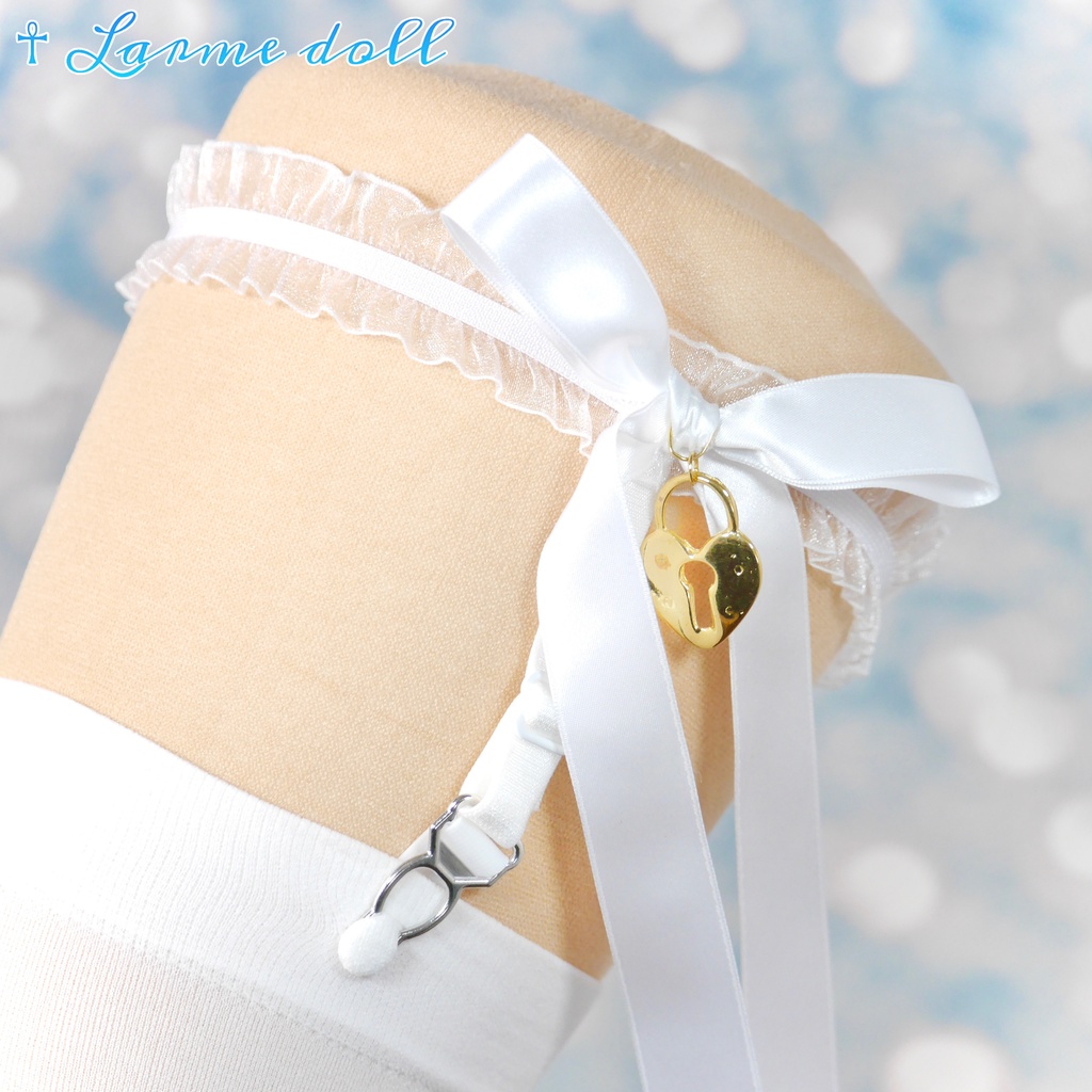 【完成品】【一点物】《☥》オーガンジーレースガーターリング(リボンロング)(ハート型南京錠チャーム付き)