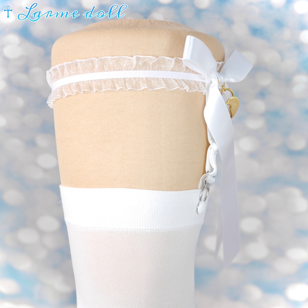 【完成品】【一点物】《☥》オーガンジーレースガーターリング(リボンロング)(ハート型南京錠チャーム付き)