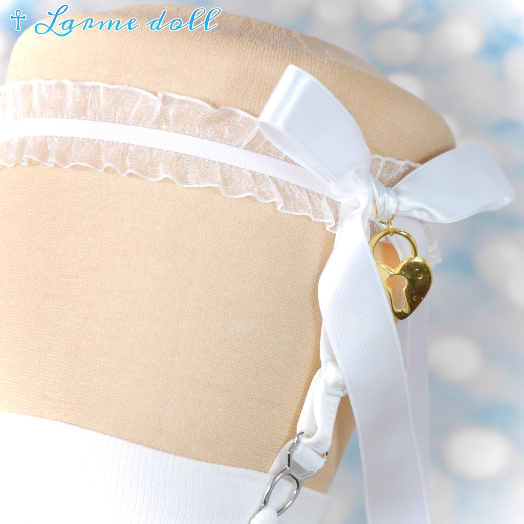 【完成品】【一点物】《☥》オーガンジーレースガーターリング(リボンロング)(ハート型南京錠チャーム付き)