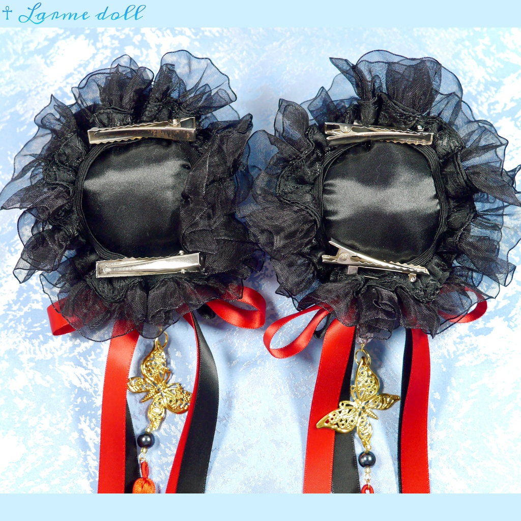 【受注生産】《☥》ダブルリボンタッセル付きお団子カバー カラー▷黒×赤 (接合パーツ、蝶チャームゴールドカラーVer.)