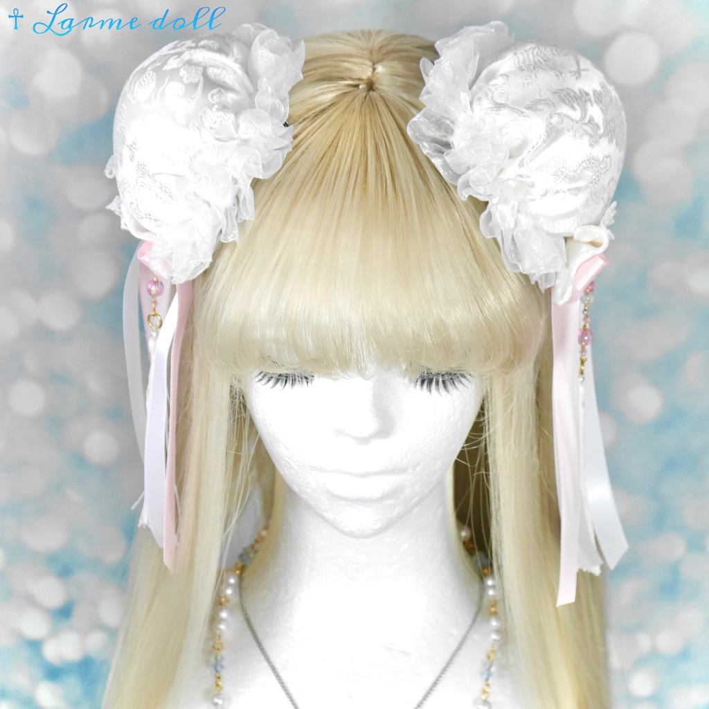 【完成品】【一点物】《☥》タッセル付きチャイナお団子カバー (カラー▷白×ピンク)