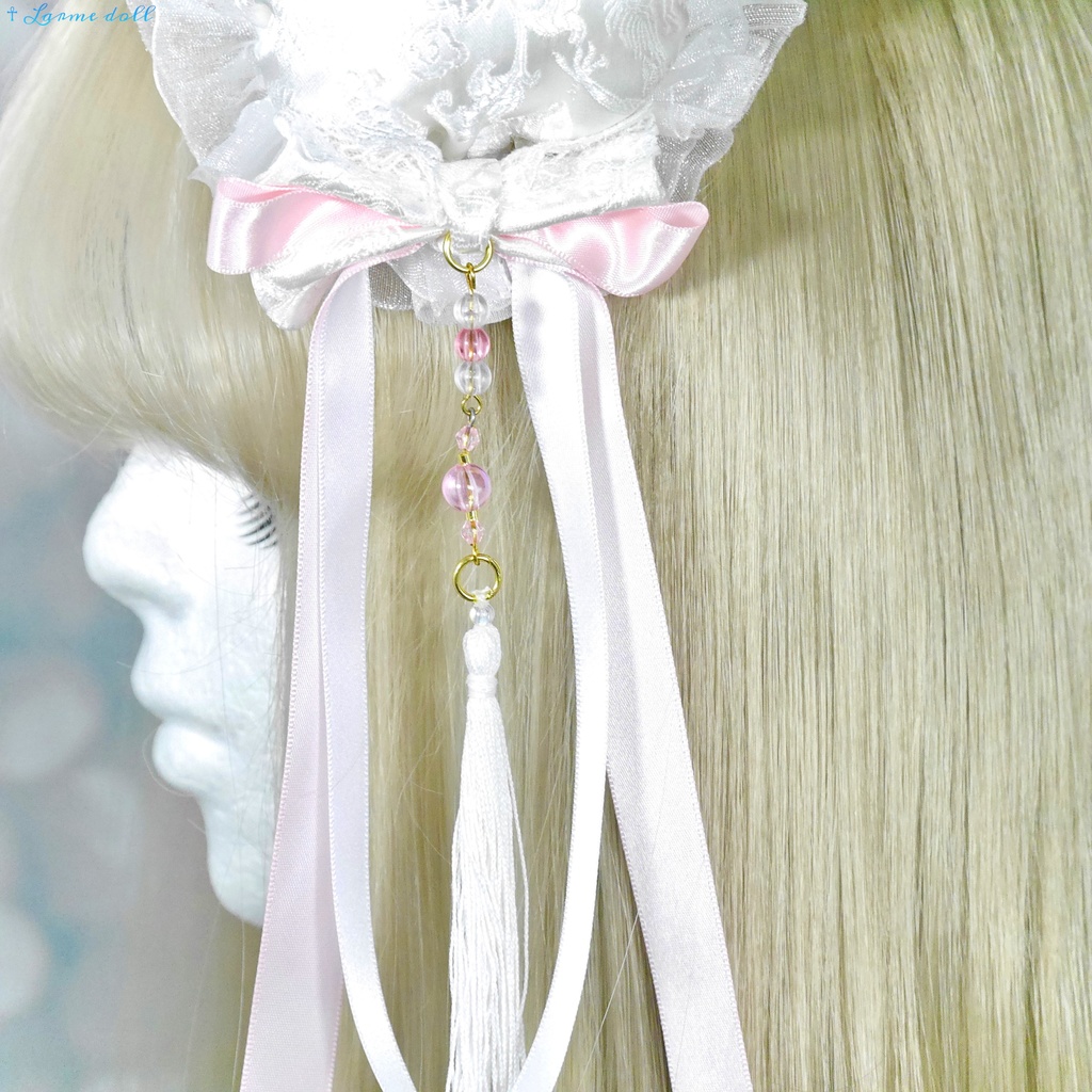 【完成品】【一点物】《☥》タッセル付きチャイナお団子カバー (カラー▷白×ピンク)