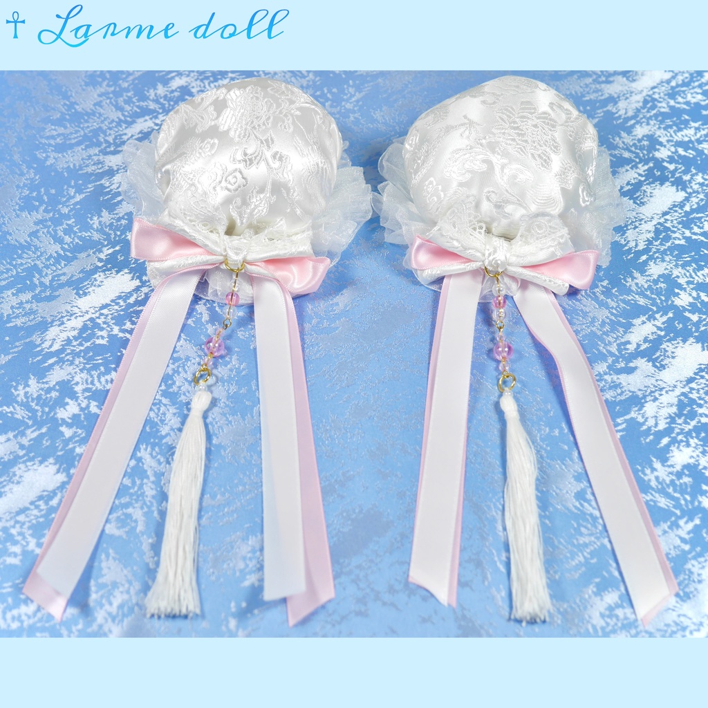 【完成品】【一点物】《☥》タッセル付きチャイナお団子カバー (カラー▷白×ピンク)