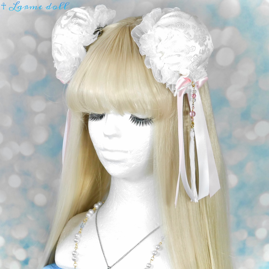 【完成品】【一点物】《☥》タッセル付きチャイナお団子カバー (カラー▷白×ピンク)