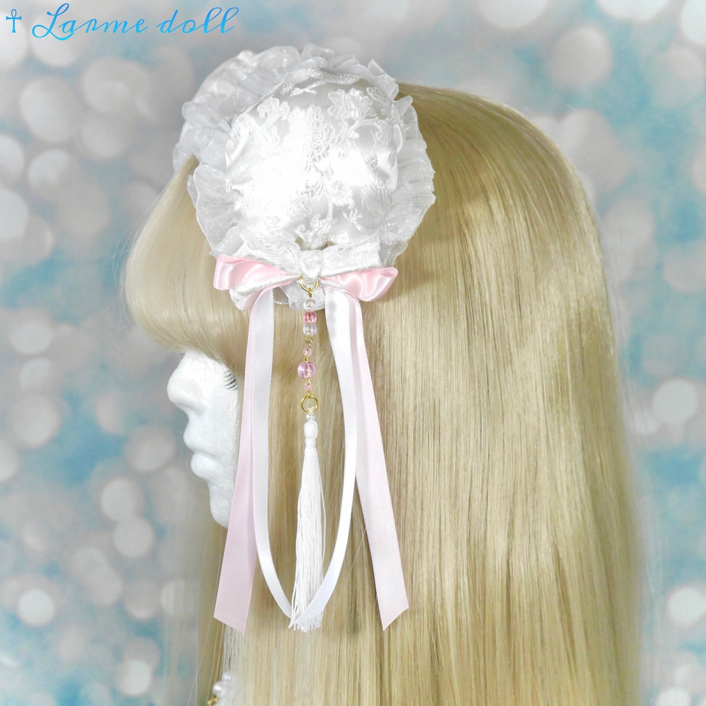 【完成品】【一点物】《☥》タッセル付きチャイナお団子カバー (カラー▷白×ピンク)