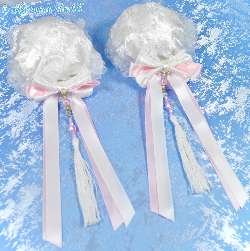 【完成品】【一点物】《☥》タッセル付きチャイナお団子カバー (カラー▷白×ピンク)