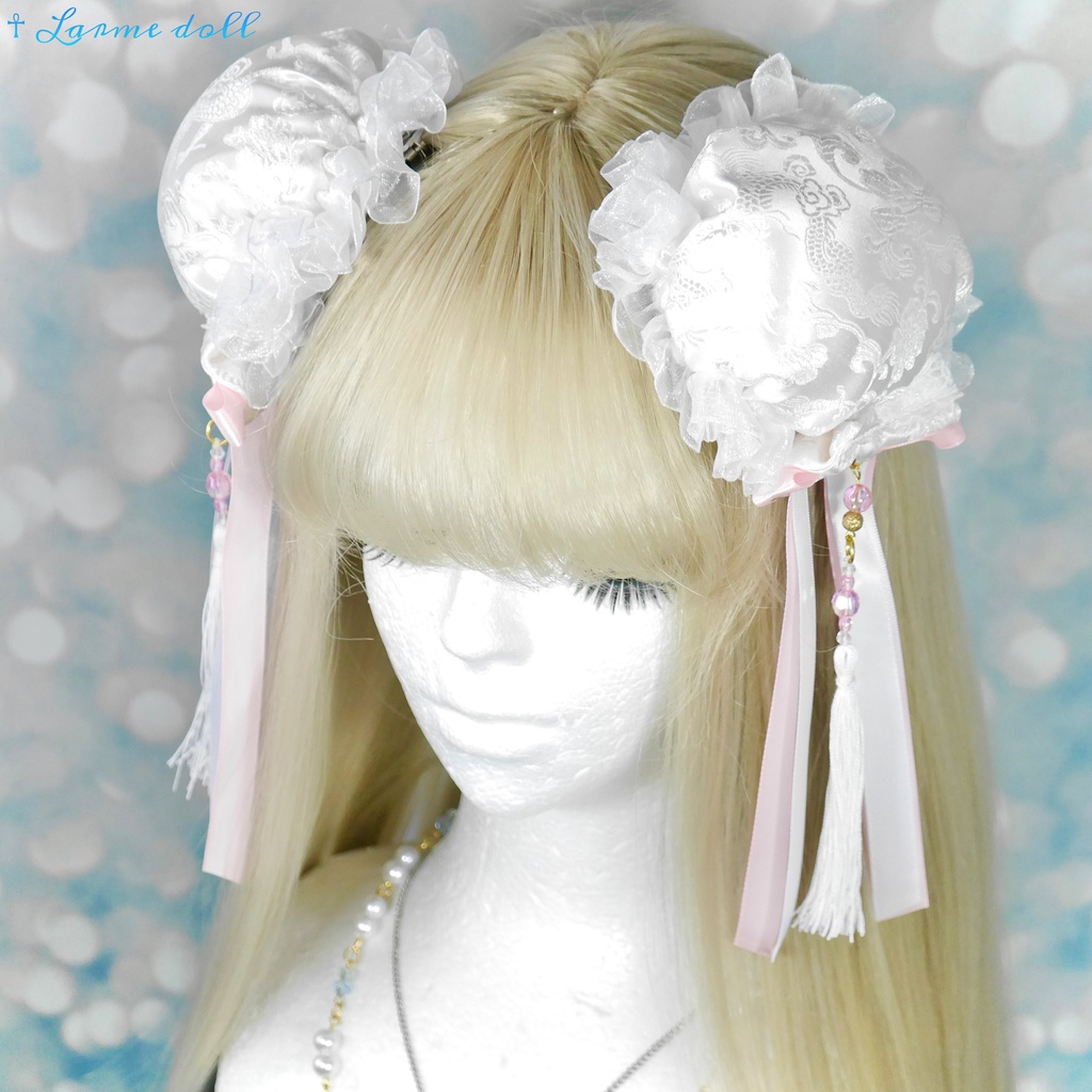 【完成品】【一点物】《☥》タッセル付きチャイナお団子カバー (カラー▷白×ピンク)