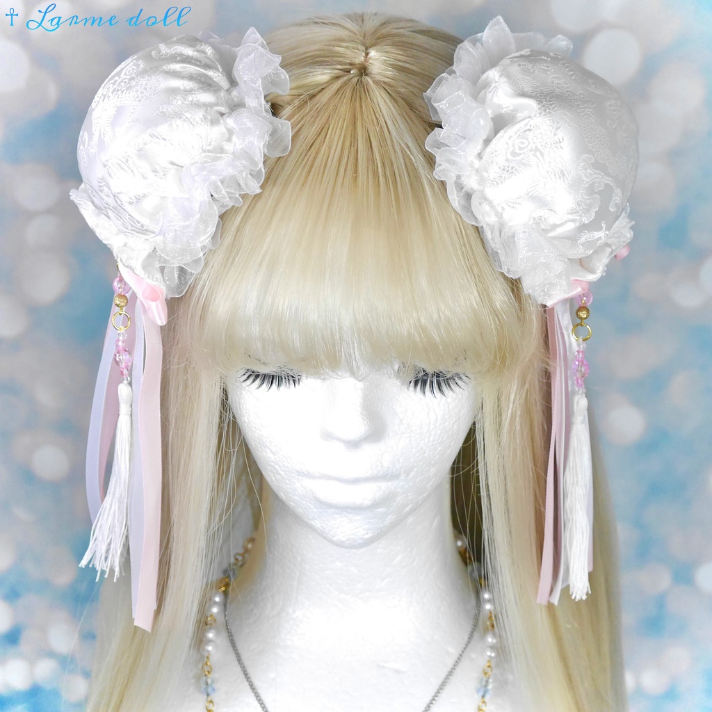 【完成品】【一点物】《☥》タッセル付きチャイナお団子カバー (カラー▷白×ピンク)