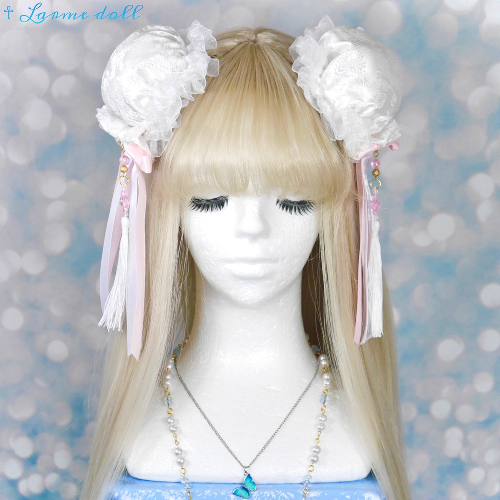 【完成品】【一点物】《☥》タッセル付きチャイナお団子カバー (カラー▷白×ピンク)