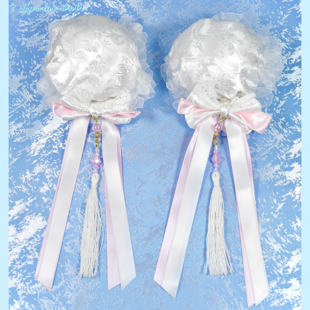 【完成品】【一点物】《☥》タッセル付きチャイナお団子カバー (カラー▷白×ピンク)