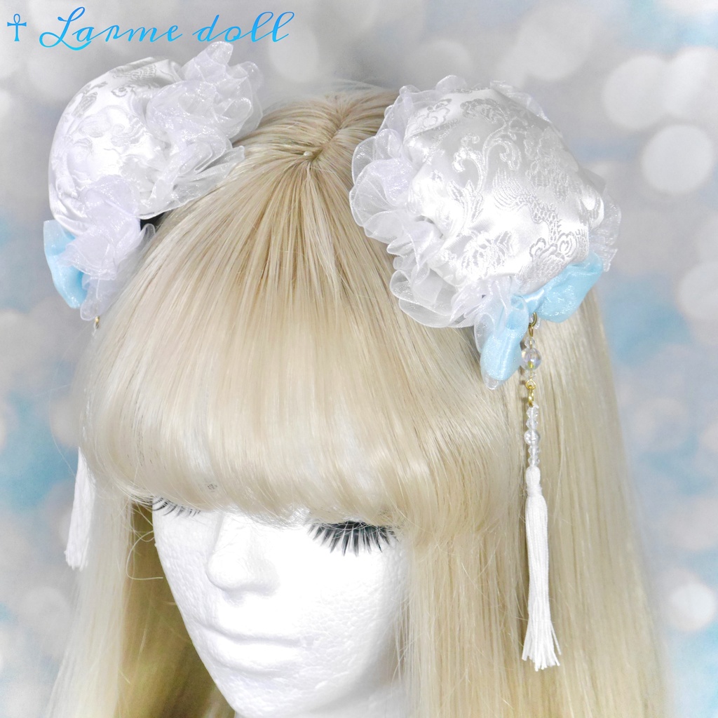 【完成品】【一点物】《☥》タッセル付きチャイナお団子カバー (カラー▷白×水色)