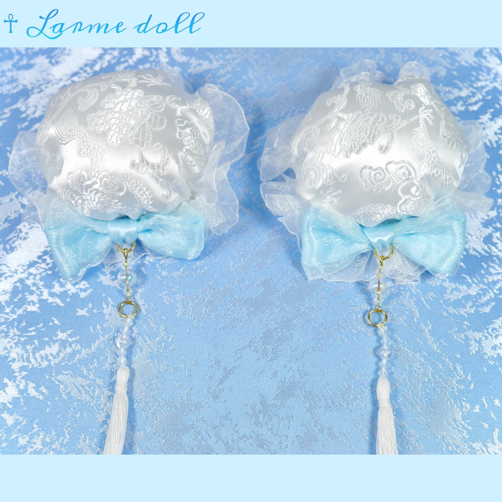 【完成品】【一点物】《☥》タッセル付きチャイナお団子カバー (カラー▷白×水色)