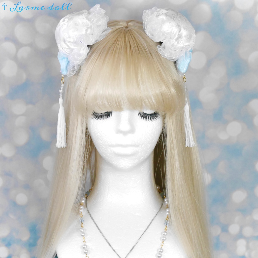 【完成品】【一点物】《☥》タッセル付きチャイナお団子カバー (カラー▷白×水色)